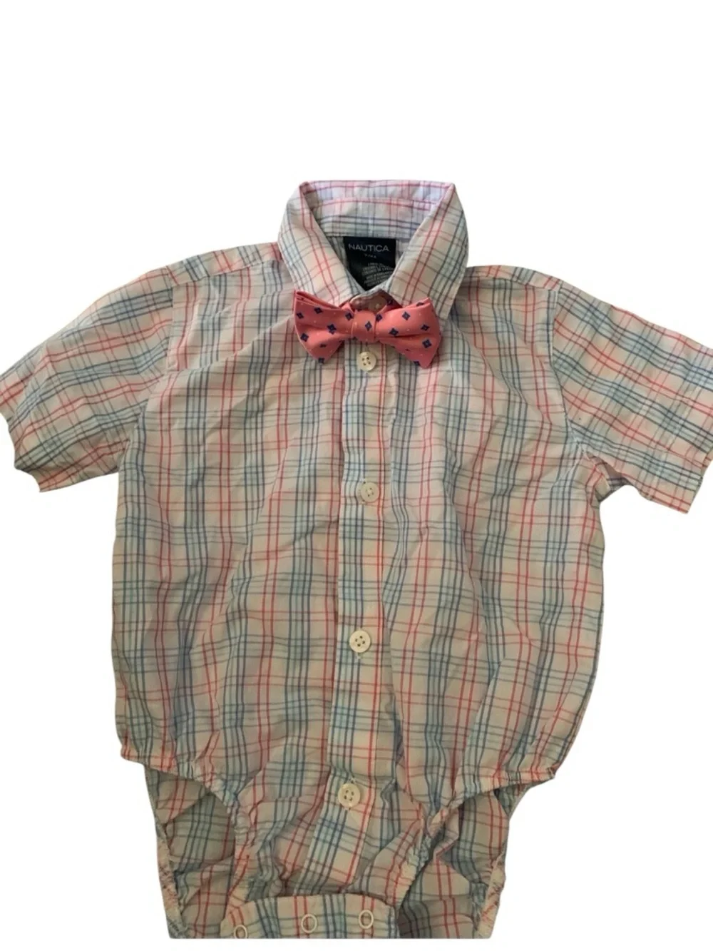 Nautica Kids Coral Bow Tie with Navy Accent and Blue Check Overalls Set